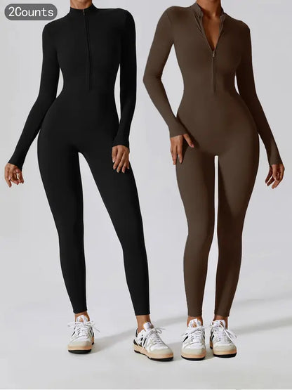 Women's Solid Zip Up Long Sleeve Sports Jumpsuit