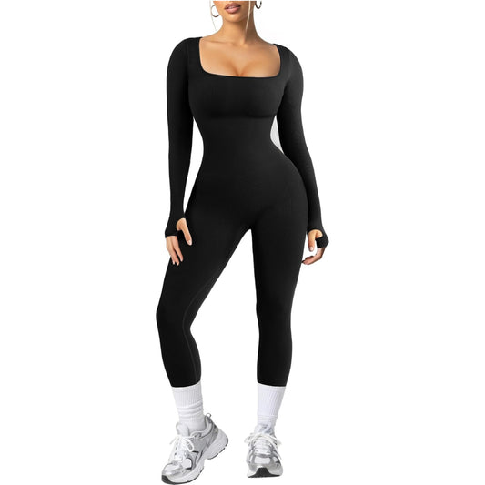 Women Long Sleeve Built-In Bra Square Neck Jumpsuits