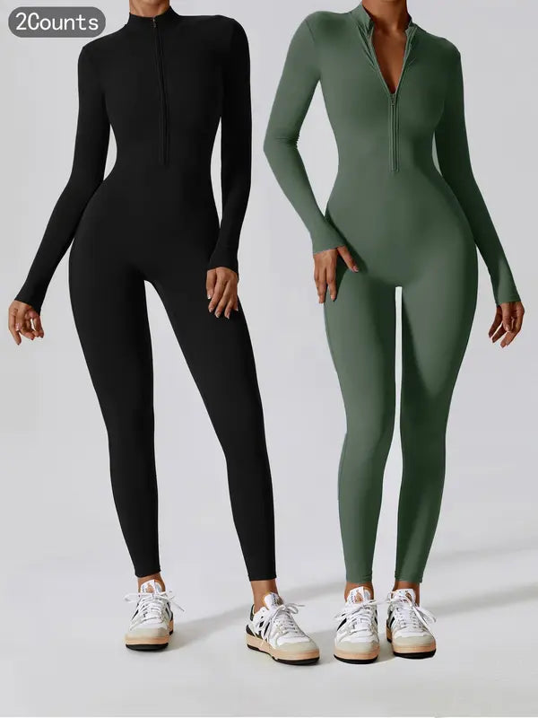Women's Solid Zip Up Long Sleeve Sports Jumpsuit