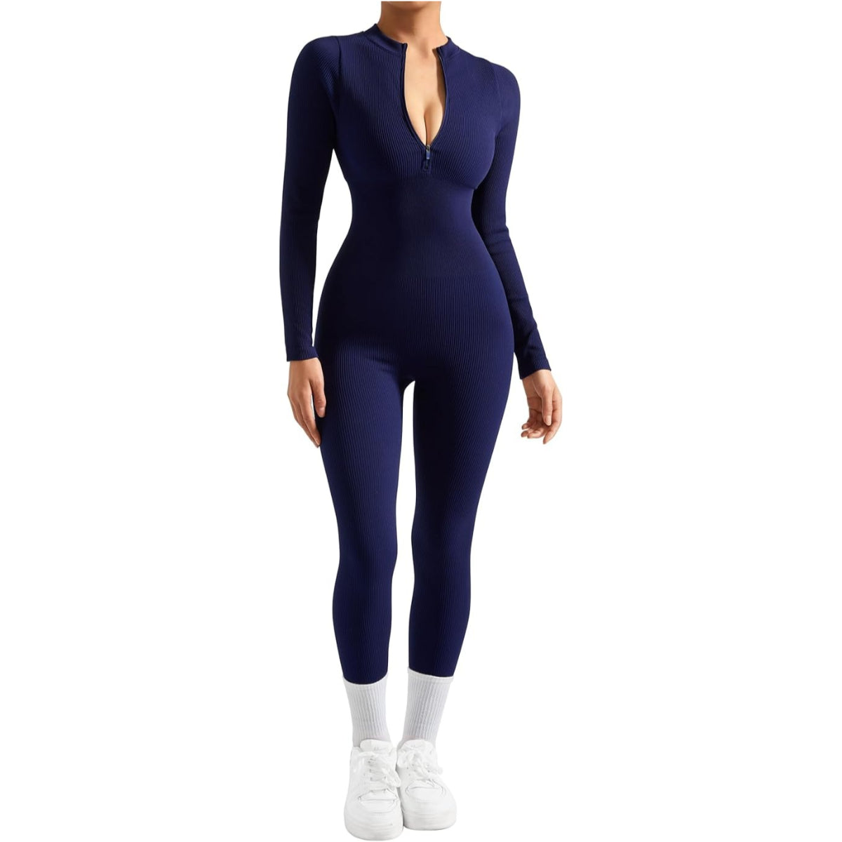 Women Long Sleeve Ribbed Jumpsuit Zip up Front Workout Bodycon Romper
