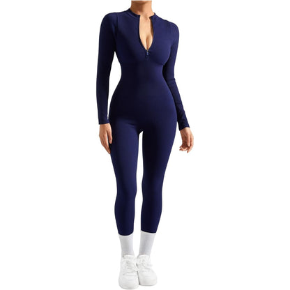 Women Long Sleeve Ribbed Jumpsuit Zip up Front Workout Bodycon Romper