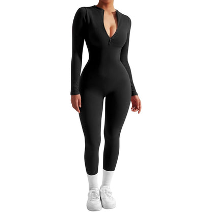 Women Long Sleeve Ribbed Jumpsuit Zip up Front Workout Bodycon Romper