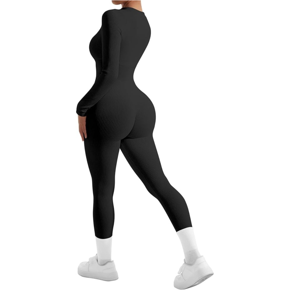 Women Long Sleeve Ribbed Jumpsuit Zip up Front Workout Bodycon Romper
