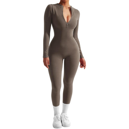Women Long Sleeve Ribbed Jumpsuit Zip up Front Workout Bodycon Romper