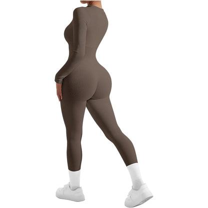 Women Long Sleeve Ribbed Jumpsuit Zip up Front Workout Bodycon Romper