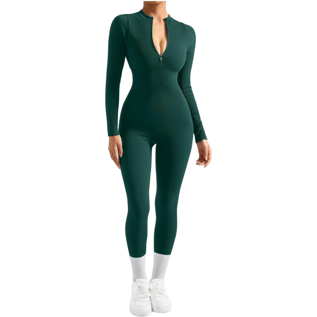 Women Long Sleeve Ribbed Jumpsuit Zip up Front Workout Bodycon Romper