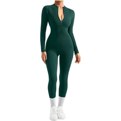 Women Long Sleeve Ribbed Jumpsuit Zip up Front Workout Bodycon Romper