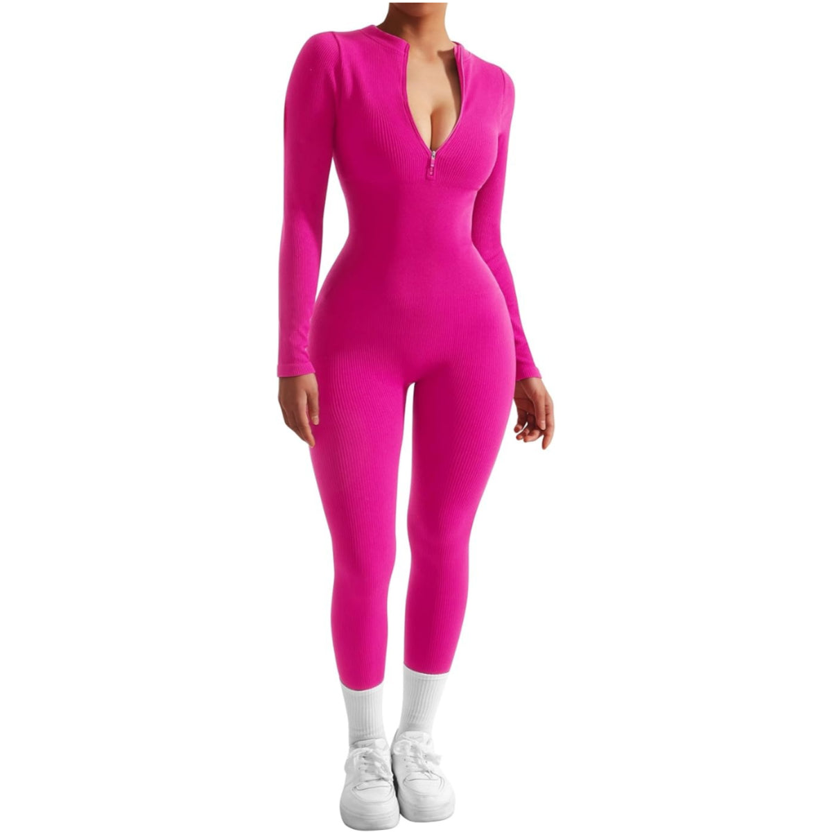 Women Long Sleeve Ribbed Jumpsuit Zip up Front Workout Bodycon Romper