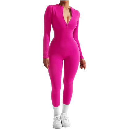 Women Long Sleeve Ribbed Jumpsuit Zip up Front Workout Bodycon Romper