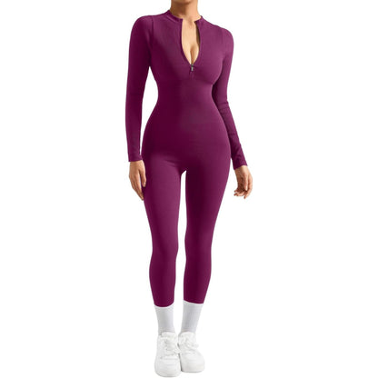 Women Long Sleeve Ribbed Jumpsuit Zip up Front Workout Bodycon Romper