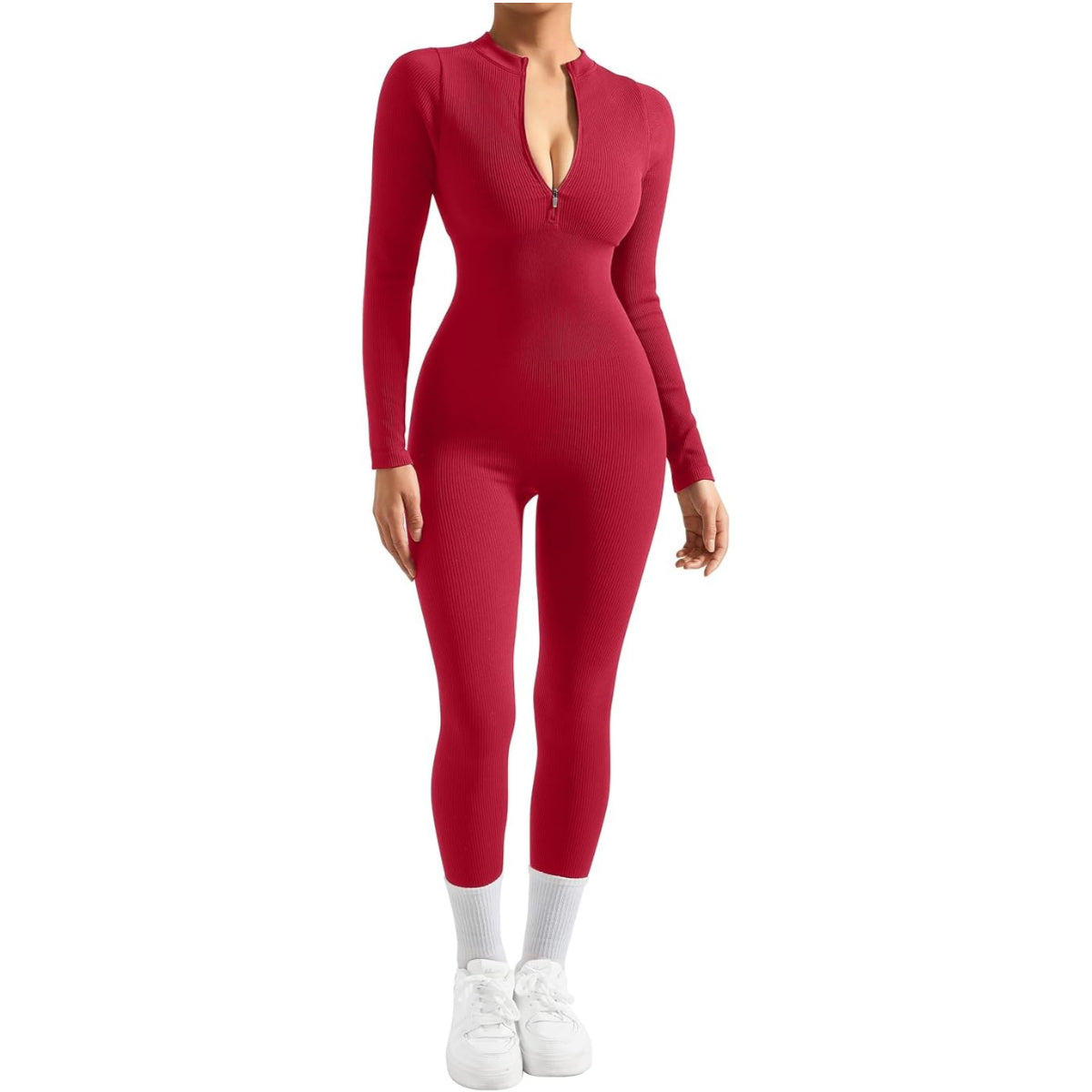 Women Long Sleeve Ribbed Jumpsuit Zip up Front Workout Bodycon Romper