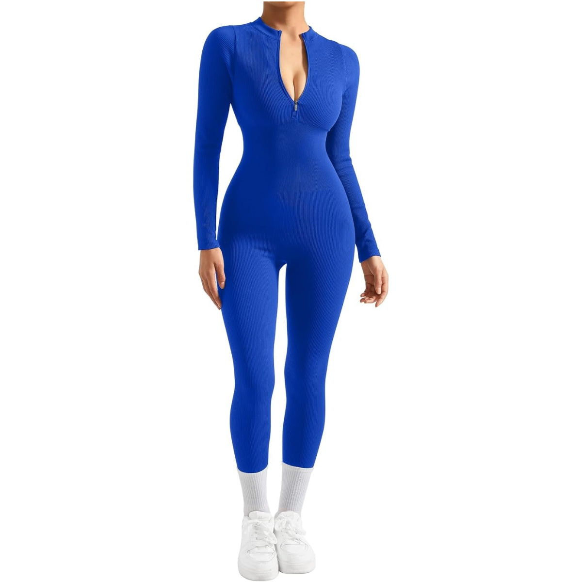 Women Long Sleeve Ribbed Jumpsuit Zip up Front Workout Bodycon Romper