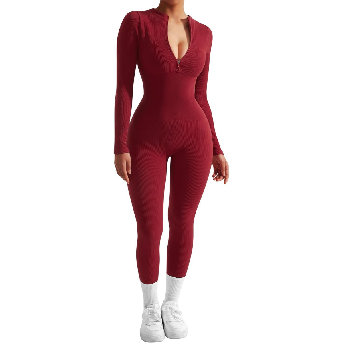 Women Long Sleeve Ribbed Jumpsuit Zip up Front Workout Bodycon Romper