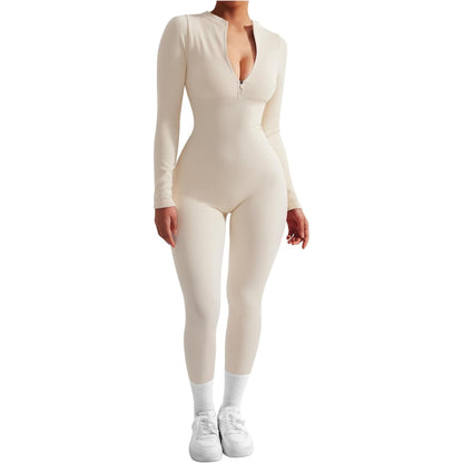 Women Long Sleeve Ribbed Jumpsuit Zip up Front Workout Bodycon Romper