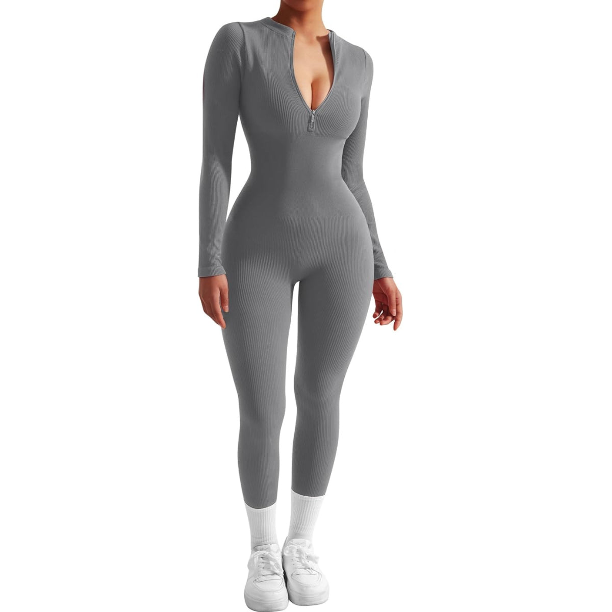 Women Long Sleeve Ribbed Jumpsuit Zip up Front Workout Bodycon Romper