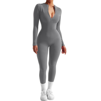 Women Long Sleeve Ribbed Jumpsuit Zip up Front Workout Bodycon Romper
