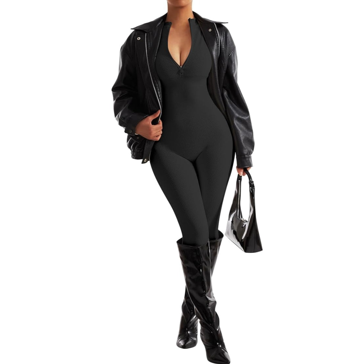Women Long Sleeve Ribbed Jumpsuit Zip up Front Workout Bodycon Romper