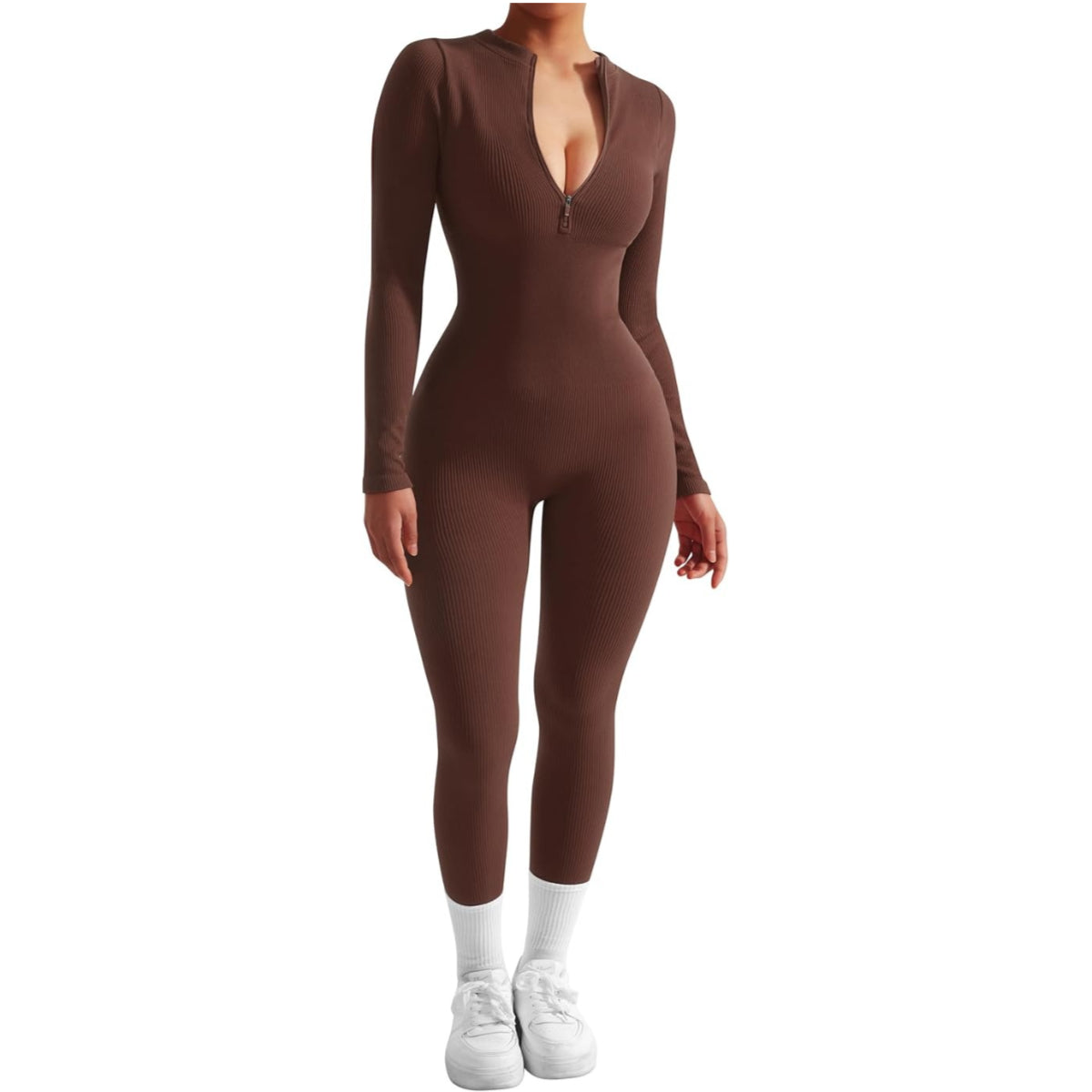 Women Long Sleeve Ribbed Jumpsuit Zip up Front Workout Bodycon Romper