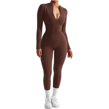 Women Long Sleeve Ribbed Jumpsuit Zip up Front Workout Bodycon Romper