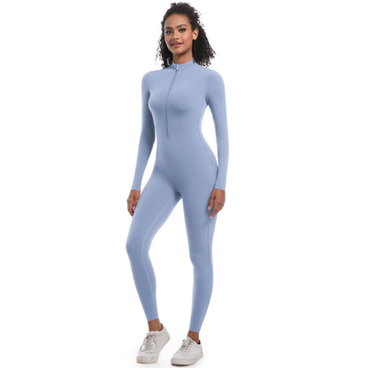 Women's Solid Zip Up Long Sleeve Sports Jumpsuit