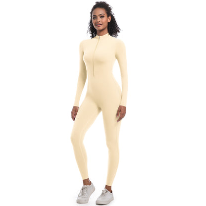 Women's Solid Zip Up Long Sleeve Sports Jumpsuit