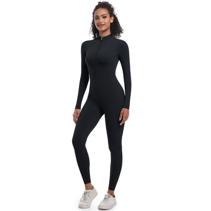 Women's Solid Zip Up Long Sleeve Sports Jumpsuit