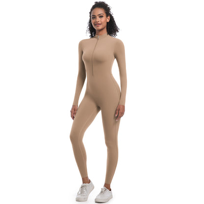Women's Solid Zip Up Long Sleeve Sports Jumpsuit