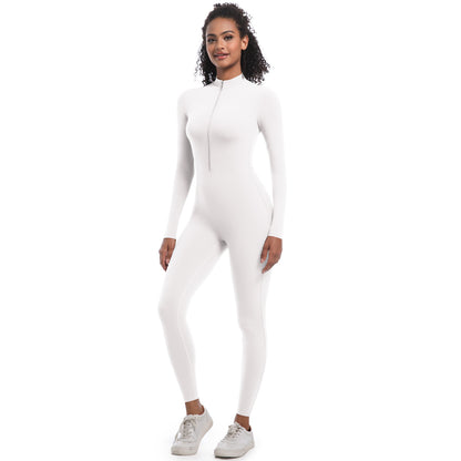 Women's Solid Zip Up Long Sleeve Sports Jumpsuit