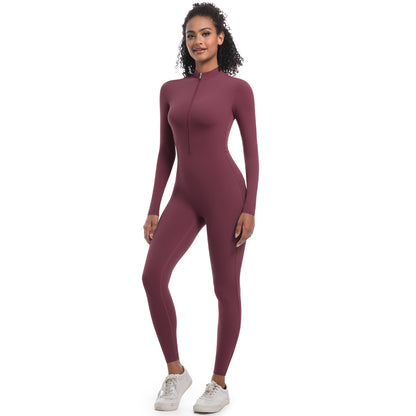 Women's Solid Zip Up Long Sleeve Sports Jumpsuit